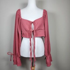 Little Mountain Tie Front Crop Top Womens L Bell Sleeve Club Pink Princess Party